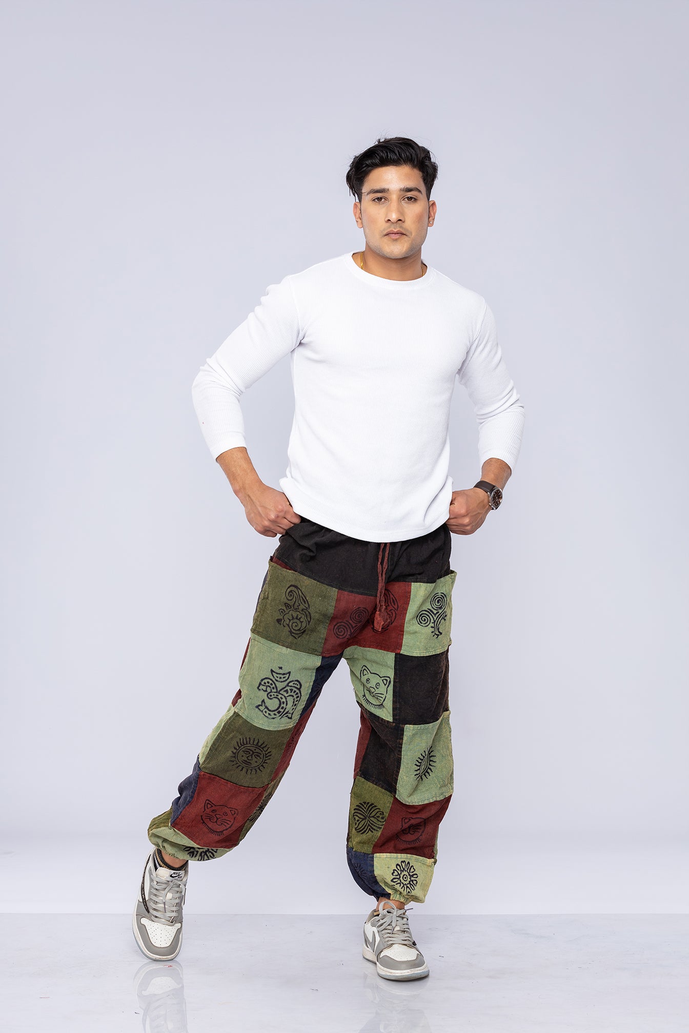 Man wearing patchwork harem pants