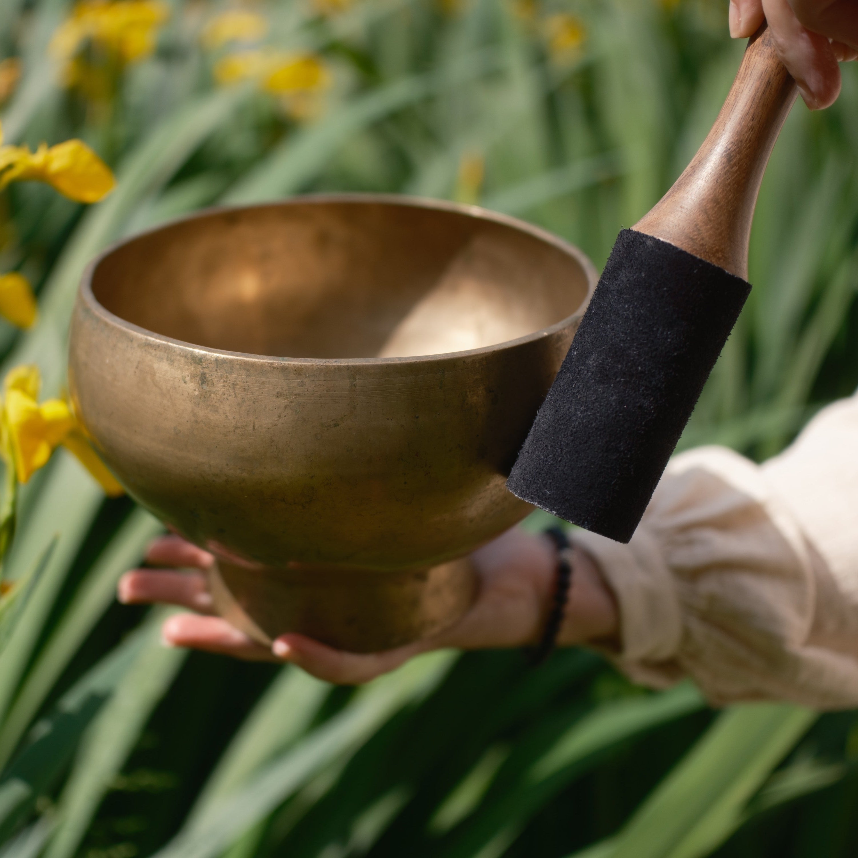 Person holding a antique pedestal singing bowl with yellow flowers in the background