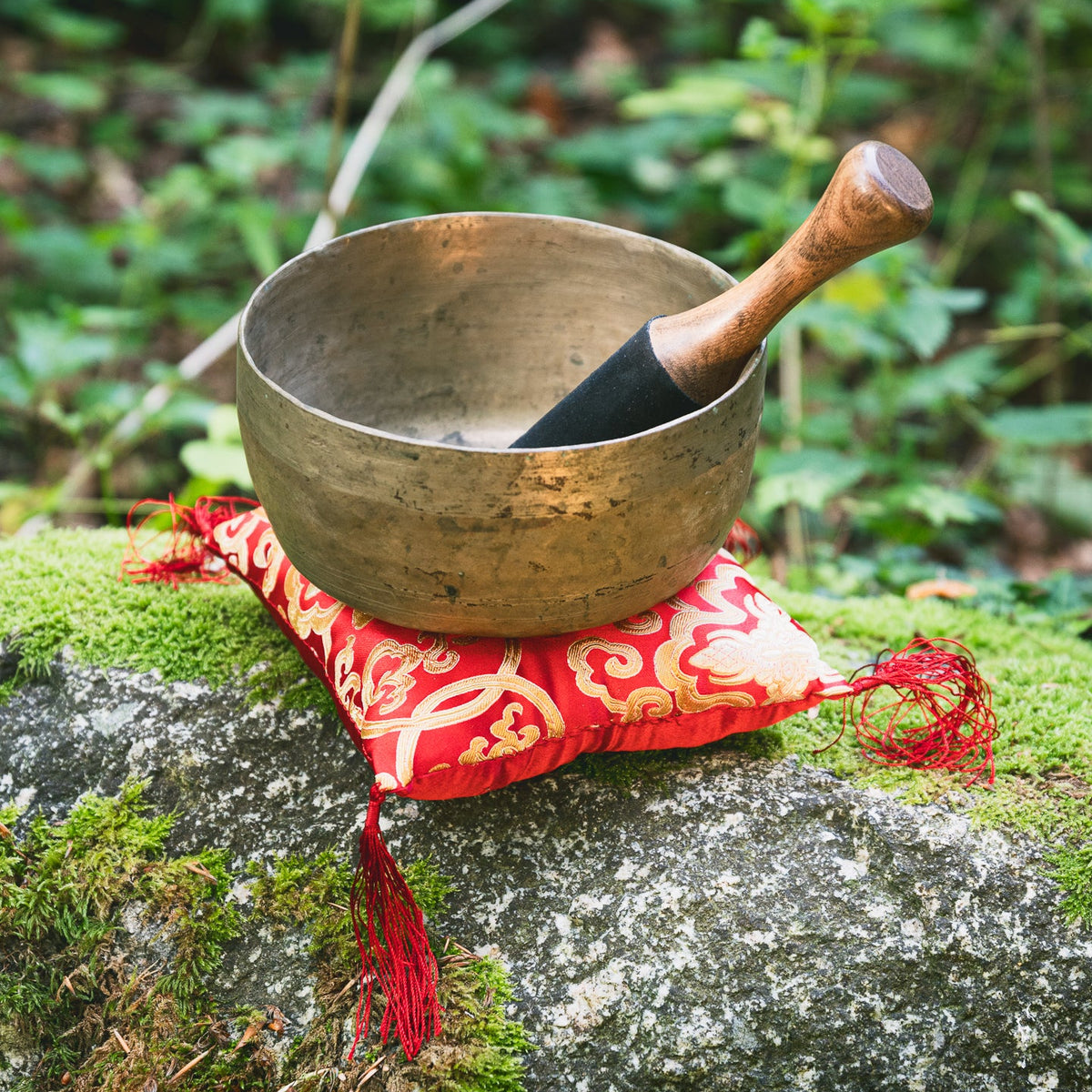 A antique singing bowl with a wooden striker rests on a red and gold patterned cushion placed on a mossy rock in an outdoor garden setting.