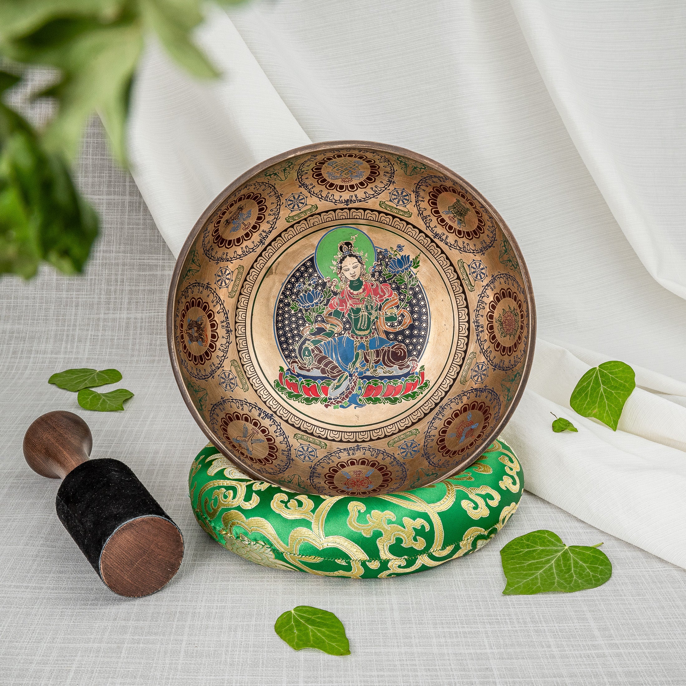 Inside View of Green Tara Thangka Design Singing Bowl