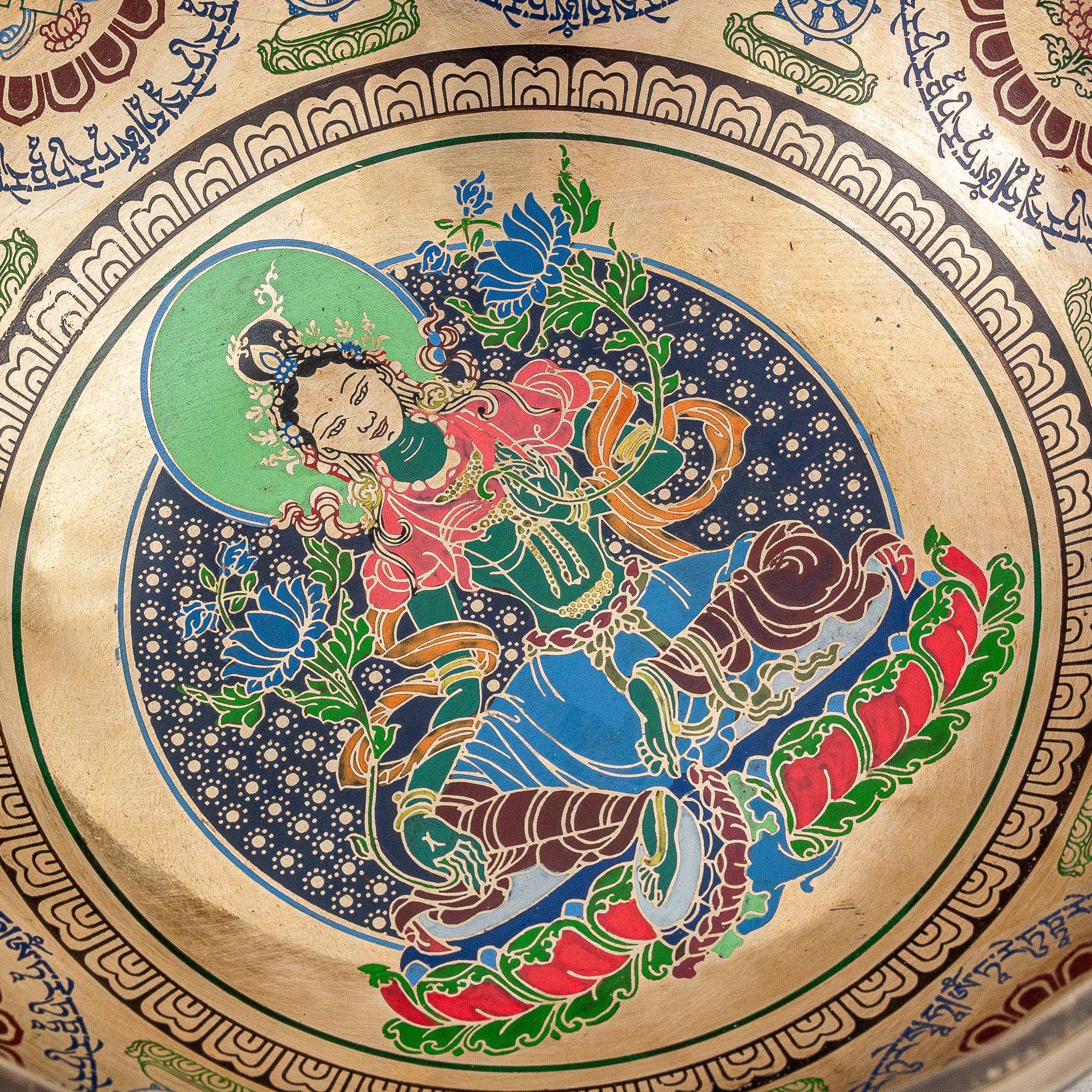 Close-up inside view of Green Tara Thangka Design Singing Bowl