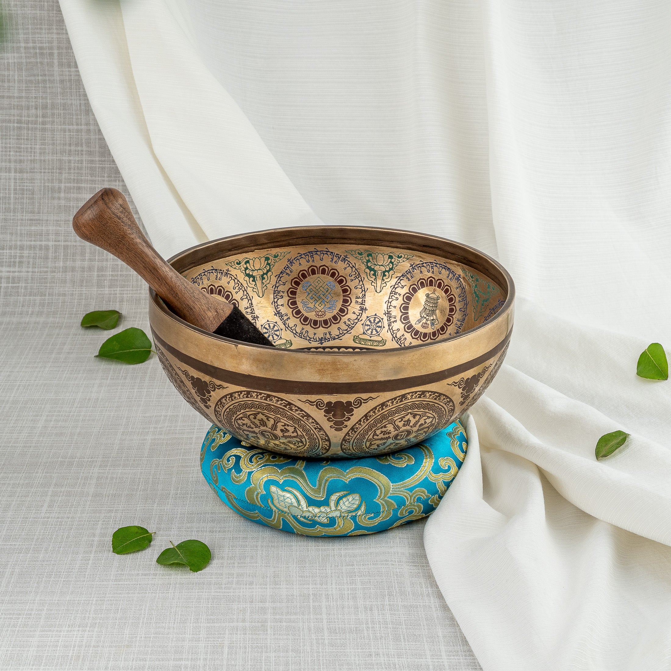 Front View of Green Tara Thangka Design Singing Bowl