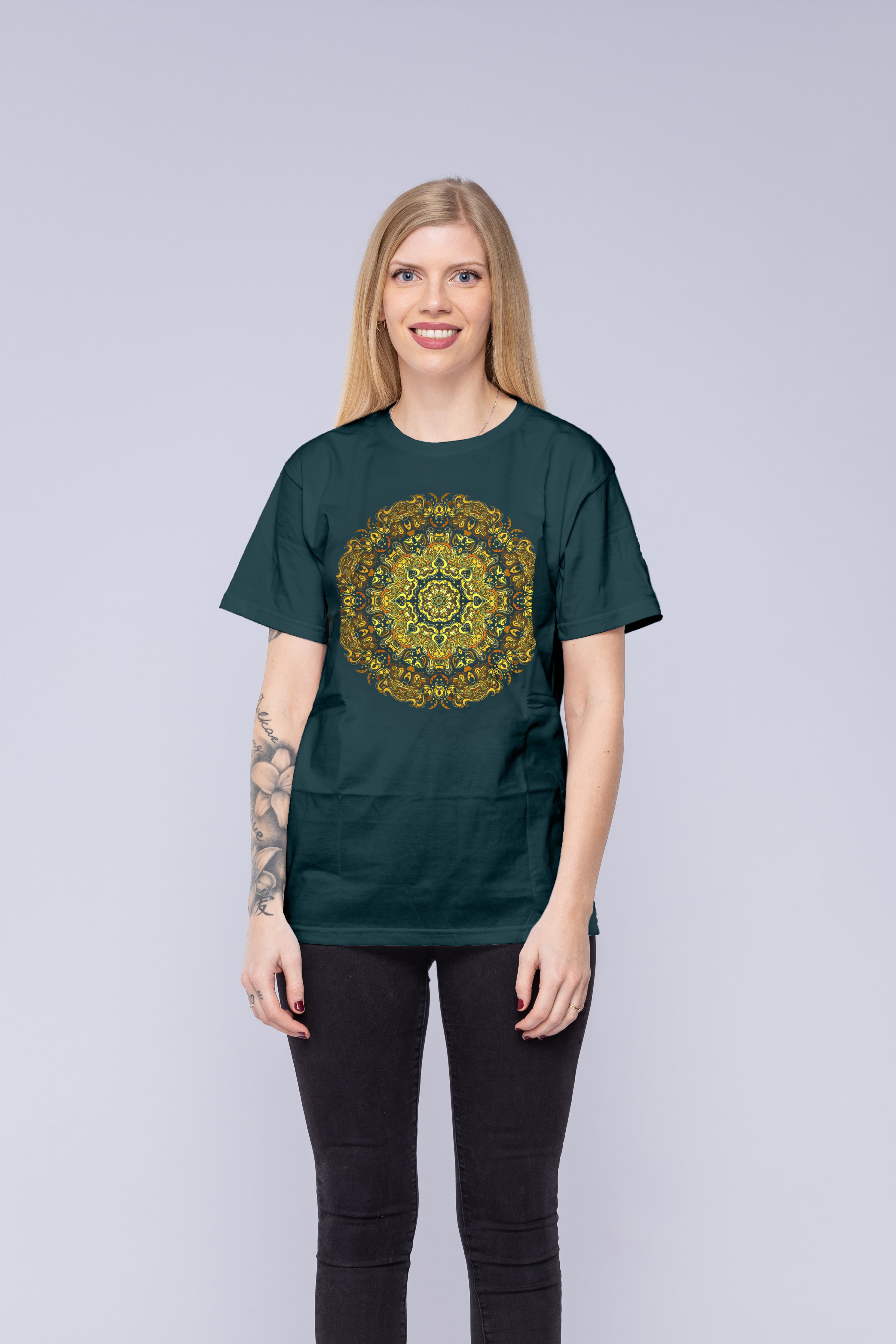 Woman wearing green mandala t-shirt