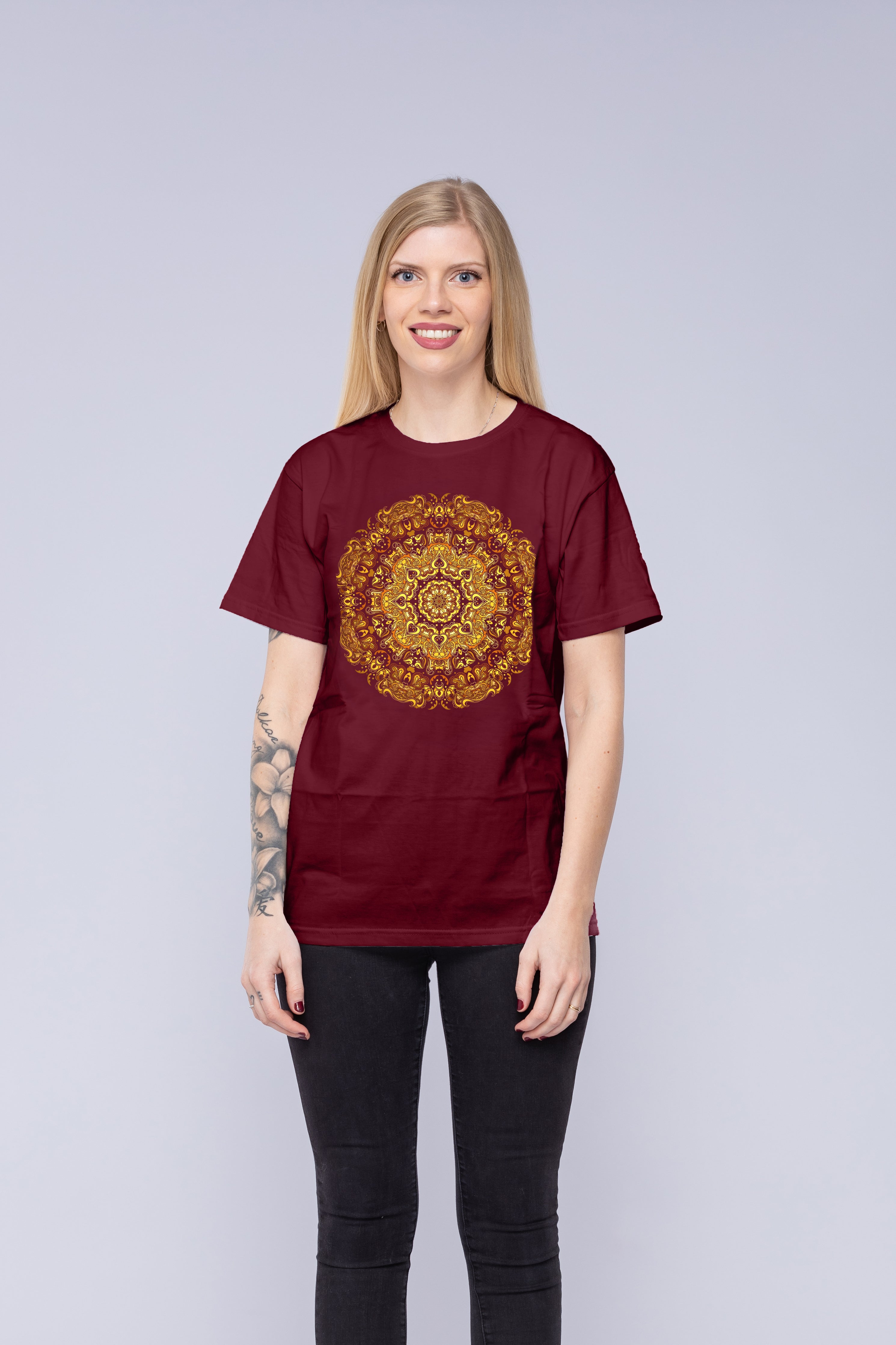 Woman wearing red mandala t-shirt