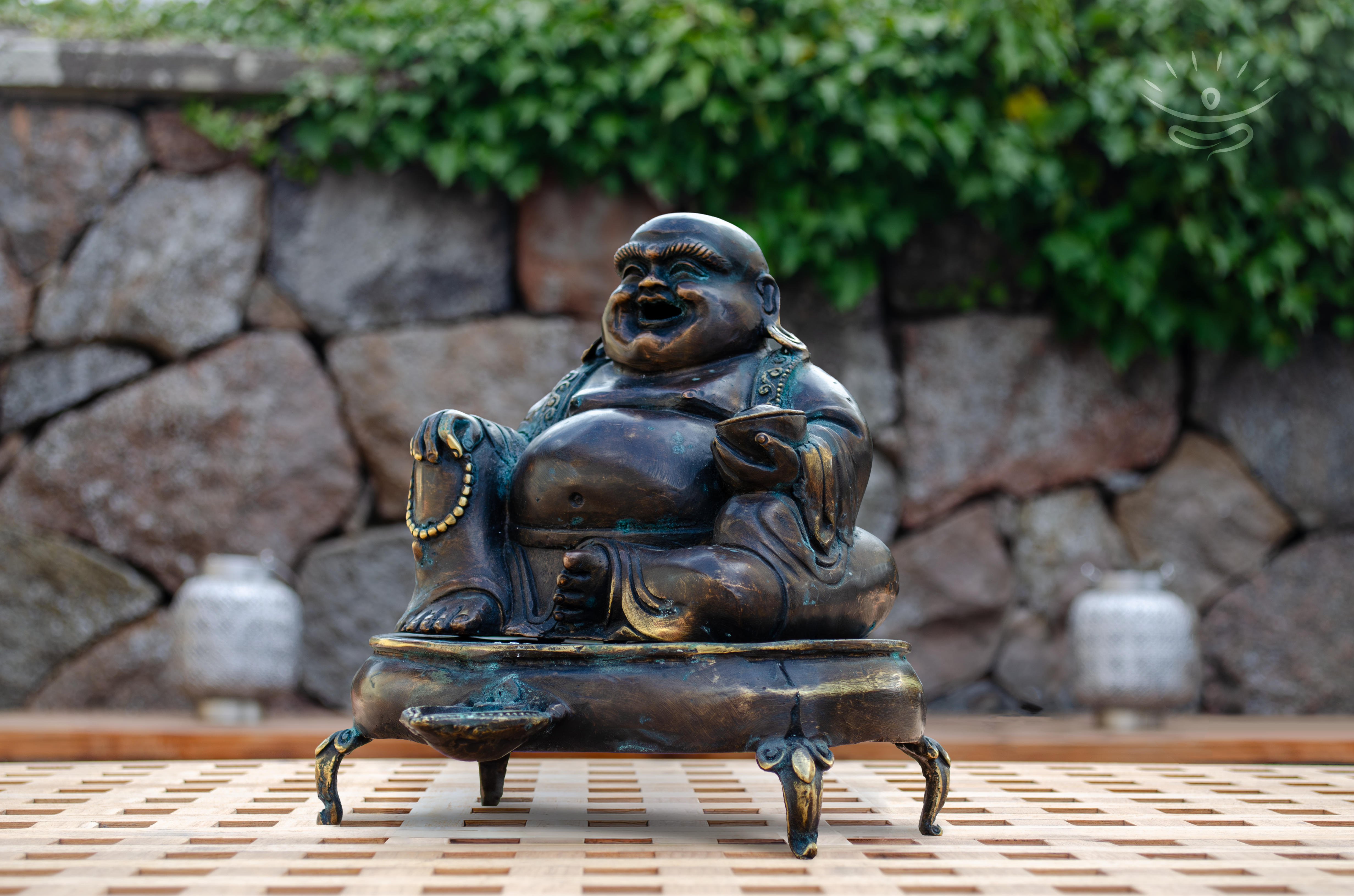 Laughing Buddha Statue with Incense Burner - Detail