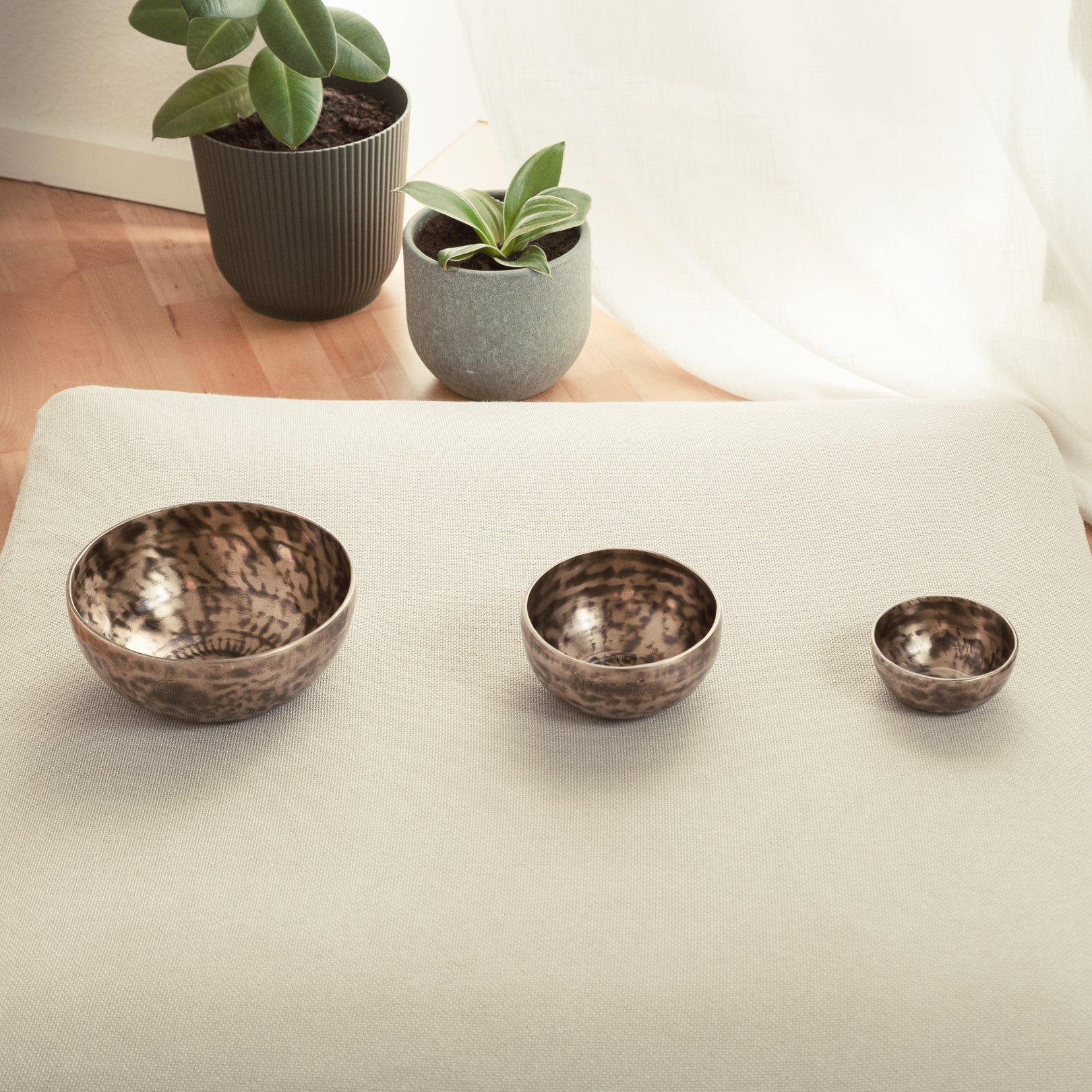 lunar singing bowls placed in a single line formation