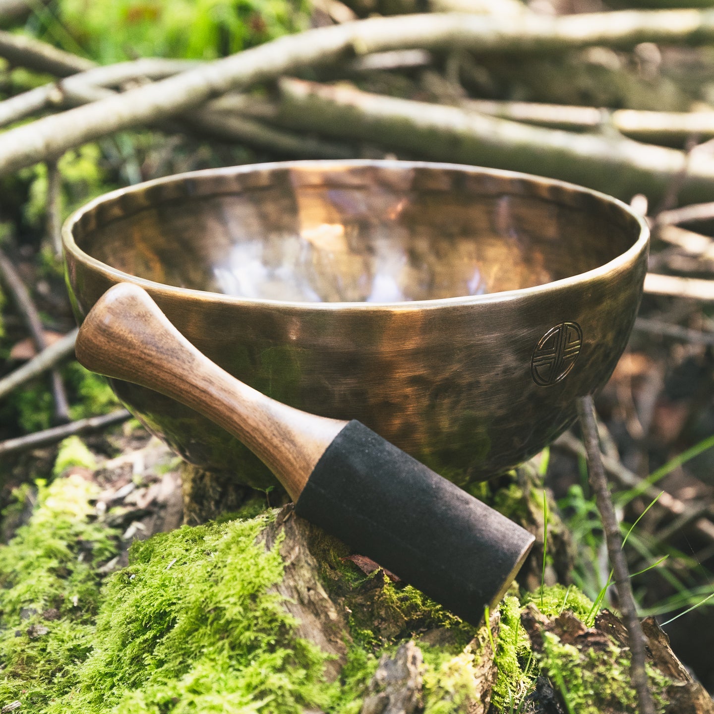 Singing bowl with mallet in nature