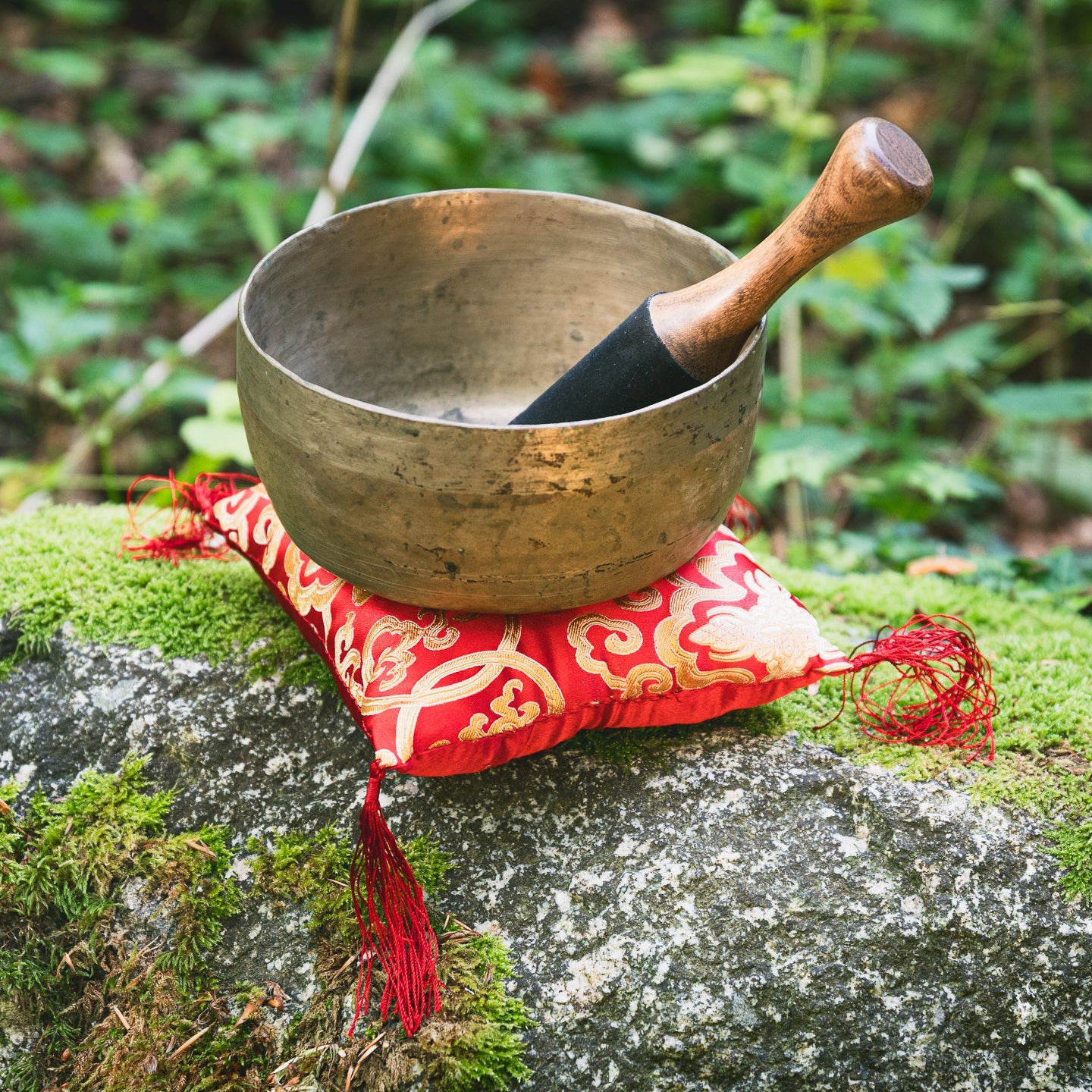 Singing bowl with mallet and pillow
