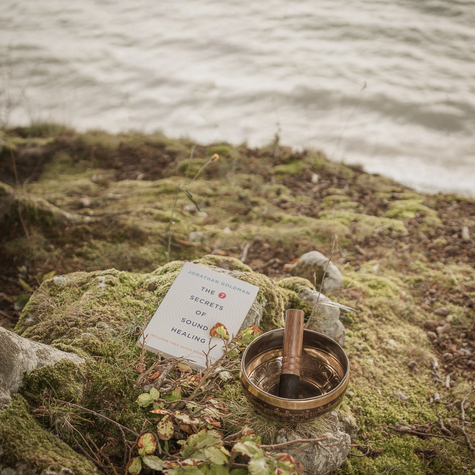 Small singing bowl and book on a mossy rock by a body of water