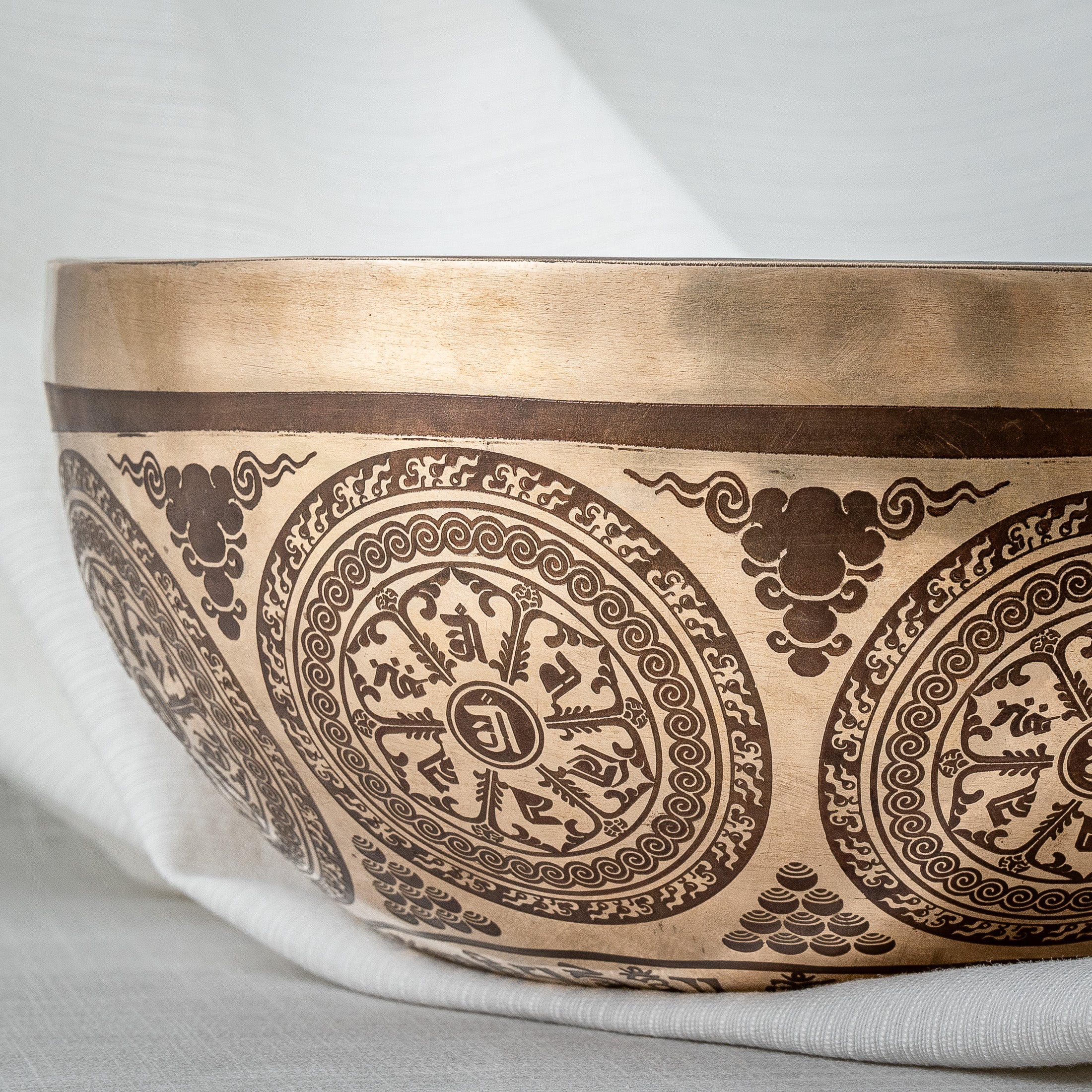 Close-up shot of  Green Tara Thangka Design Singing Bowl