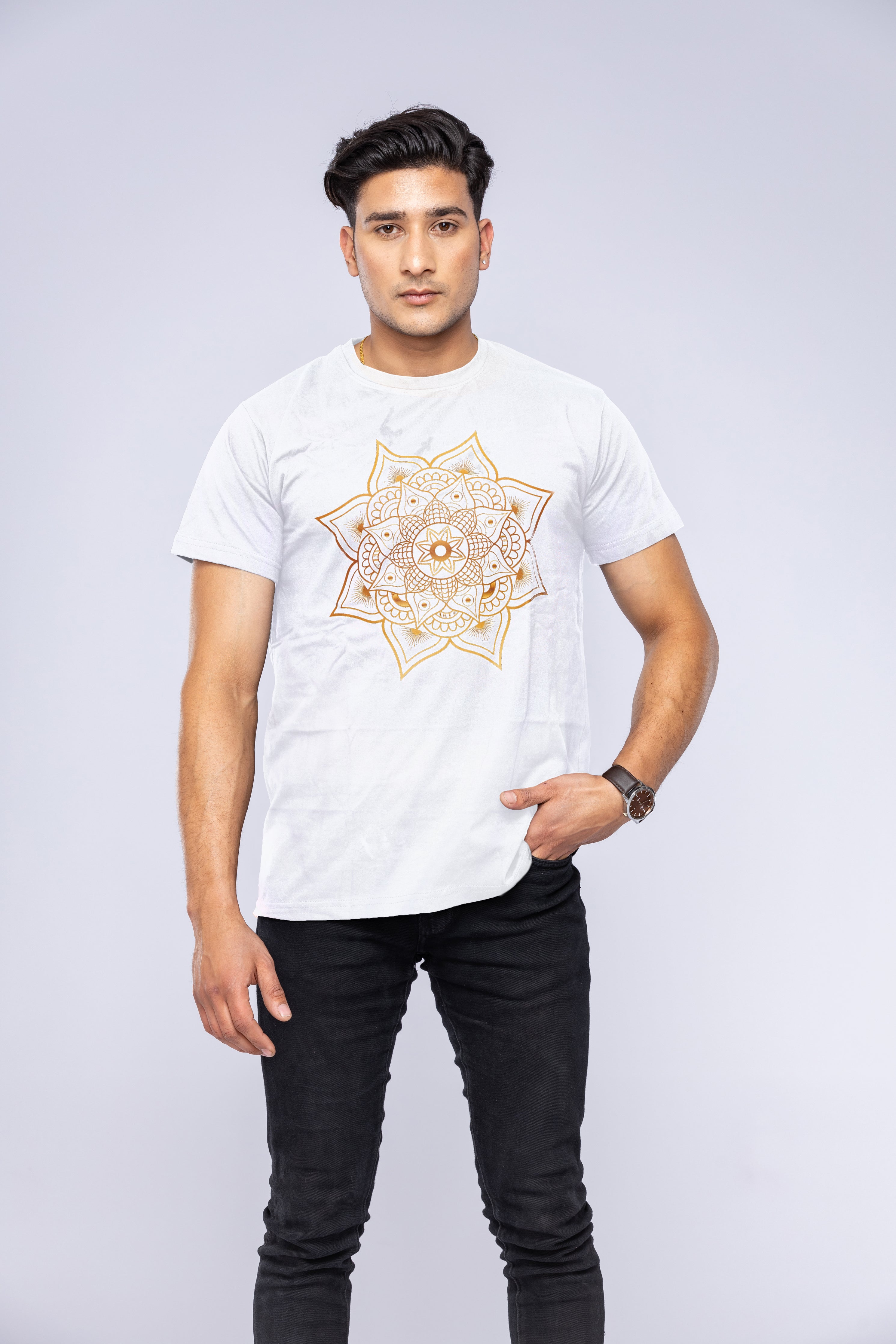 White mandala t-shirt worn by man